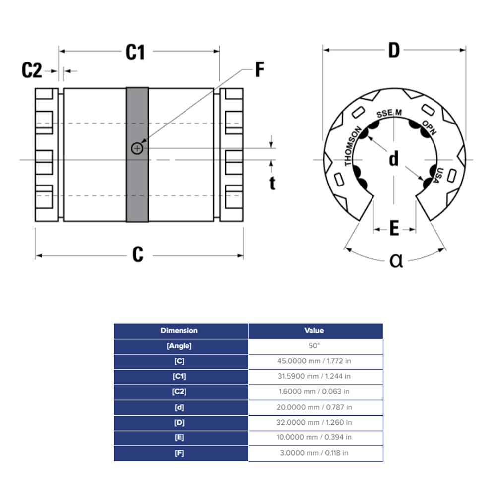 SSEM20OPN THOMSON BALL BUSHING<BR>SSE SERIES 20MM OPEN LINEAR BEARING SELF ALIGNING ADJUSTABLE 899.2 LBF